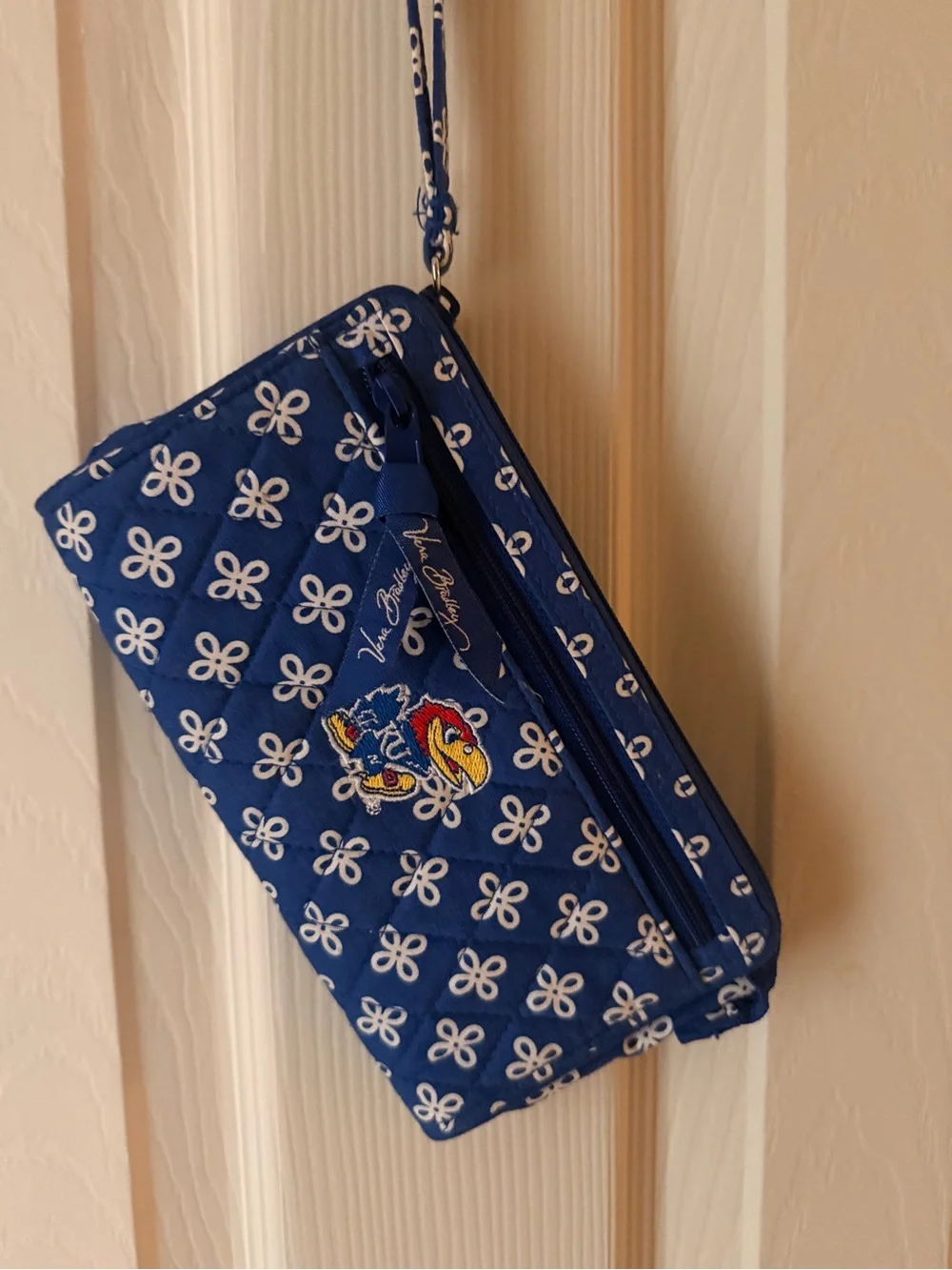 Vera Bradley Blue Quilted Floral Wristlet with Jayhawk Accent